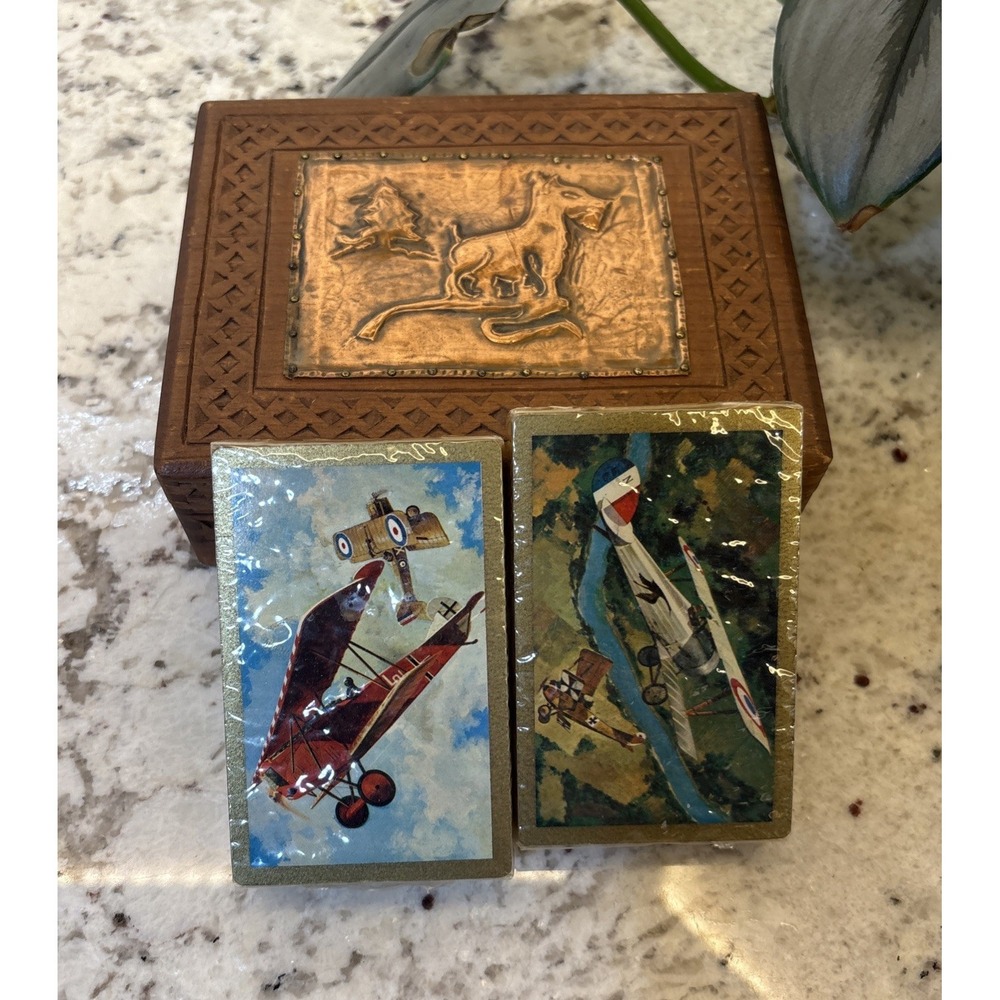 Vintage Nu-Vue Playing Cards Complete Set WWI Aviation Aircraft Set Wood Box Dog